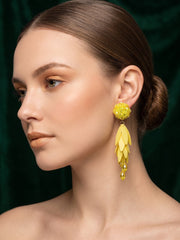 Yellow Beaded Statement Drop Earrings with Layered Petal Design for Women