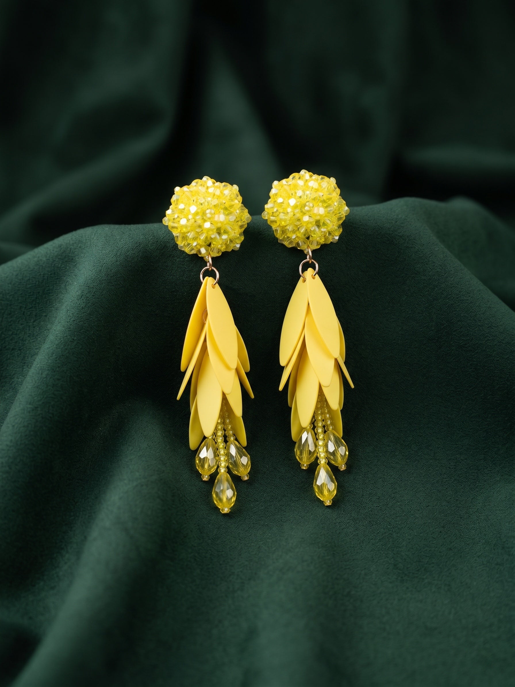 Yellow Beaded Statement Drop Earrings with Layered Petal Design for Women