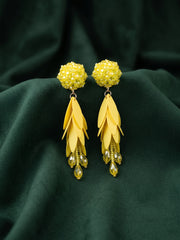 Yellow Beaded Statement Drop Earrings with Layered Petal Design for Women