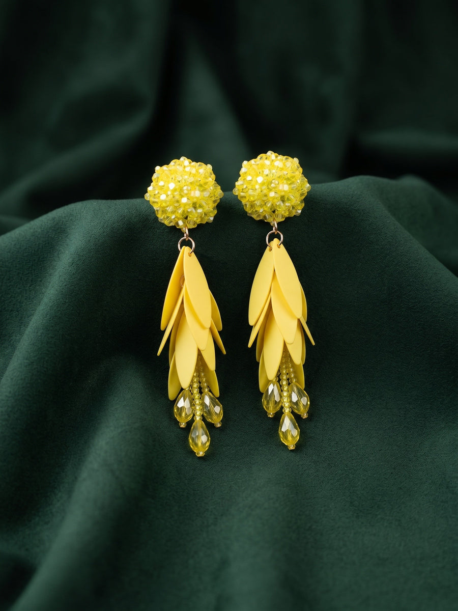 Yellow Beaded Statement Drop Earrings with Layered Petal Design for Women