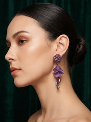 Purple Beaded Statement Drop Earrings with Layered Petal Design for Women