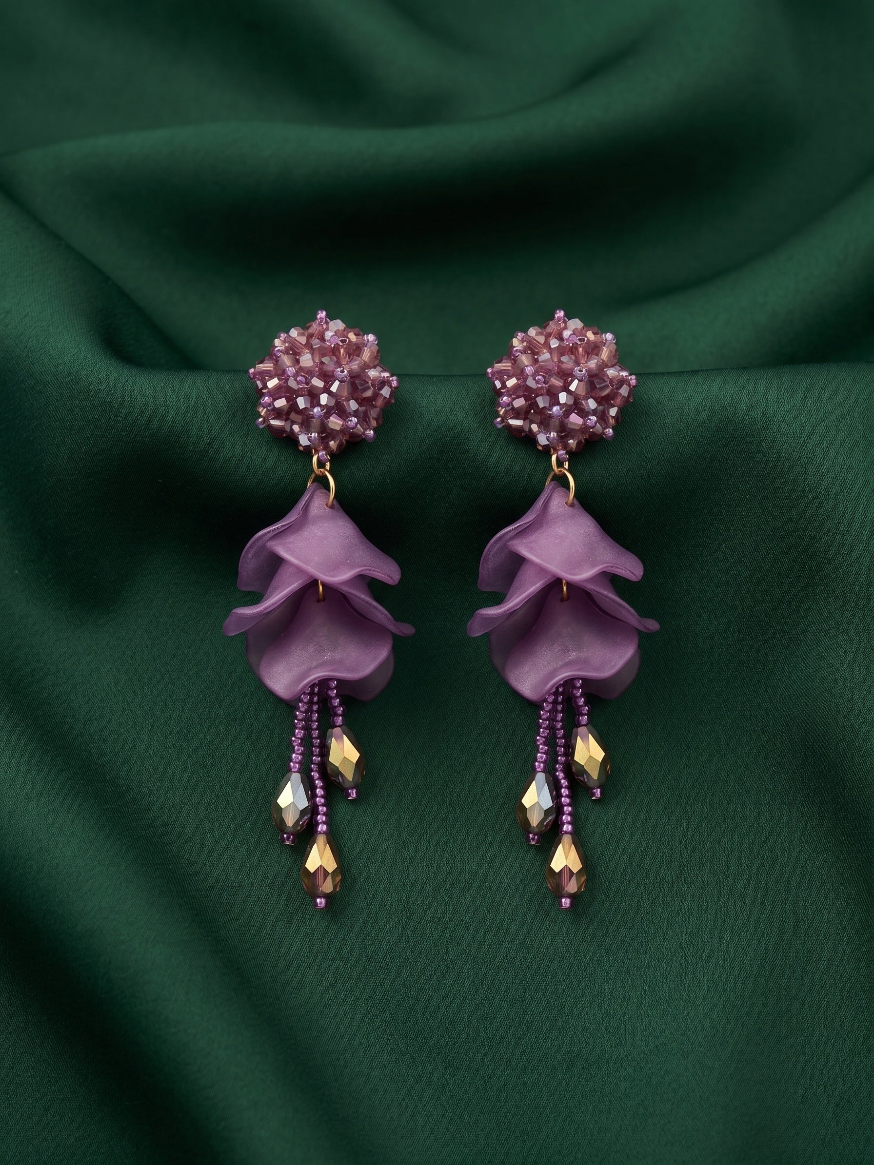 Purple Beaded Statement Drop Earrings with Layered Petal Design for Women
