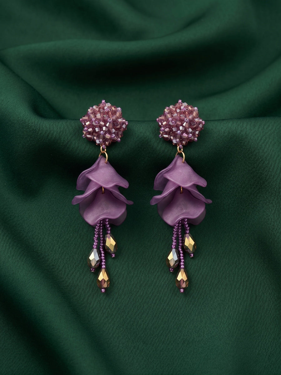 Purple Beaded Statement Drop Earrings with Layered Petal Design for Women