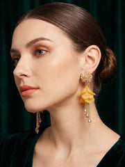 Yellow Beaded Statement Drop Earrings with Layered Petal Design for Women