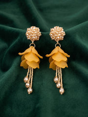 Yellow Beaded Statement Drop Earrings with Layered Petal Design for Women
