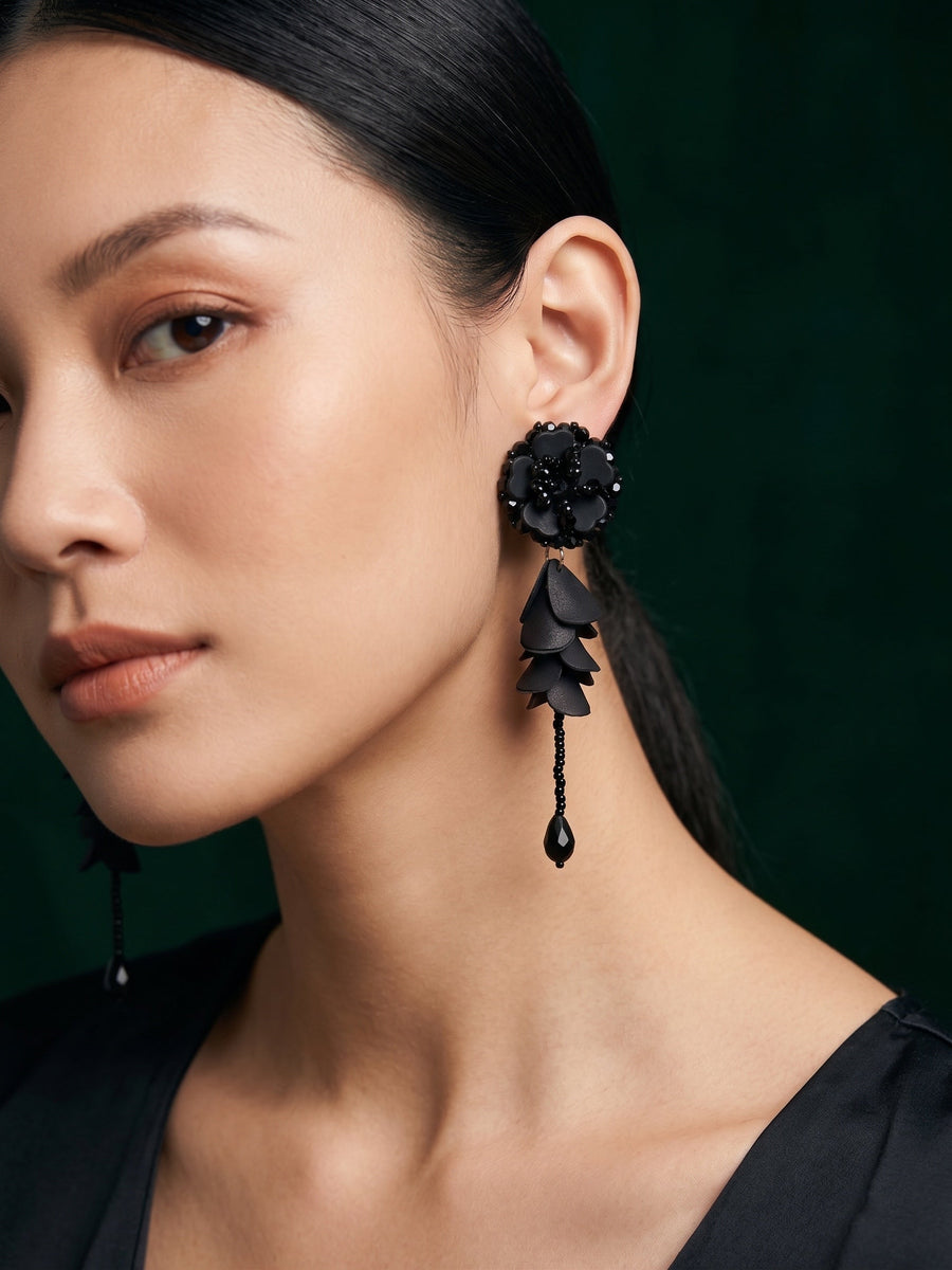 Black Floral Beaded Statement Drop Earrings with Layered Petal Design for Women