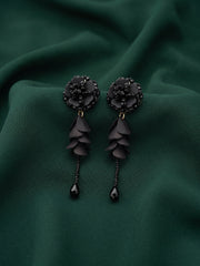 Black Floral Beaded Statement Drop Earrings with Layered Petal Design for Women