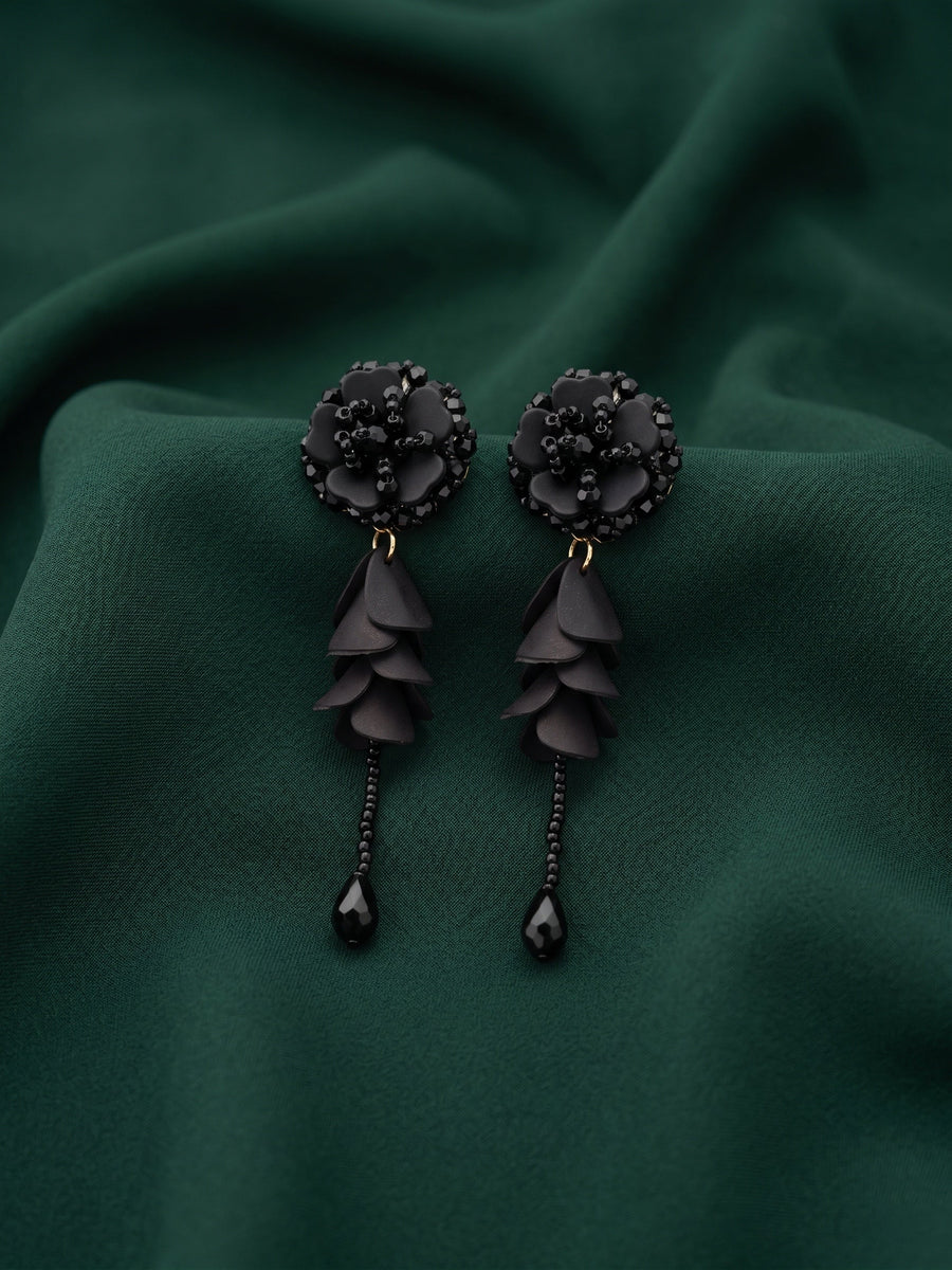 Black Floral Beaded Statement Drop Earrings with Layered Petal Design for Women