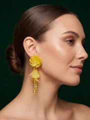 Yellow Floral Beaded Statement Drop Earrings with Layered Petal Design for Women