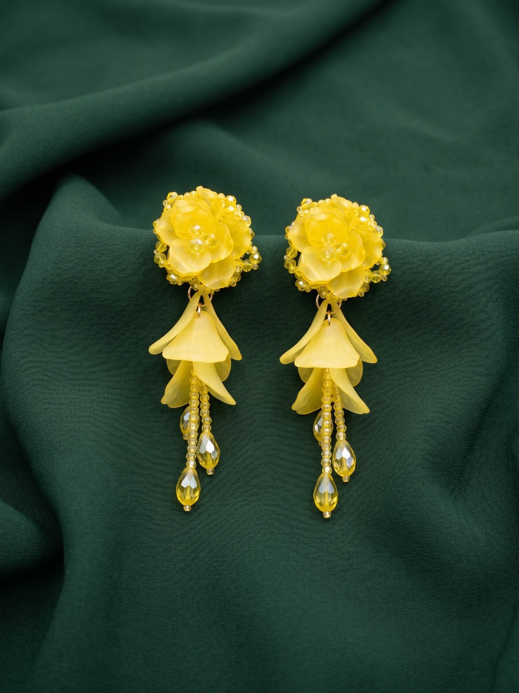 Yellow Floral Beaded Statement Drop Earrings with Layered Petal Design for Women