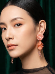Peach Floral Beaded Statement Drop Earrings with Layered Petal Design for Women