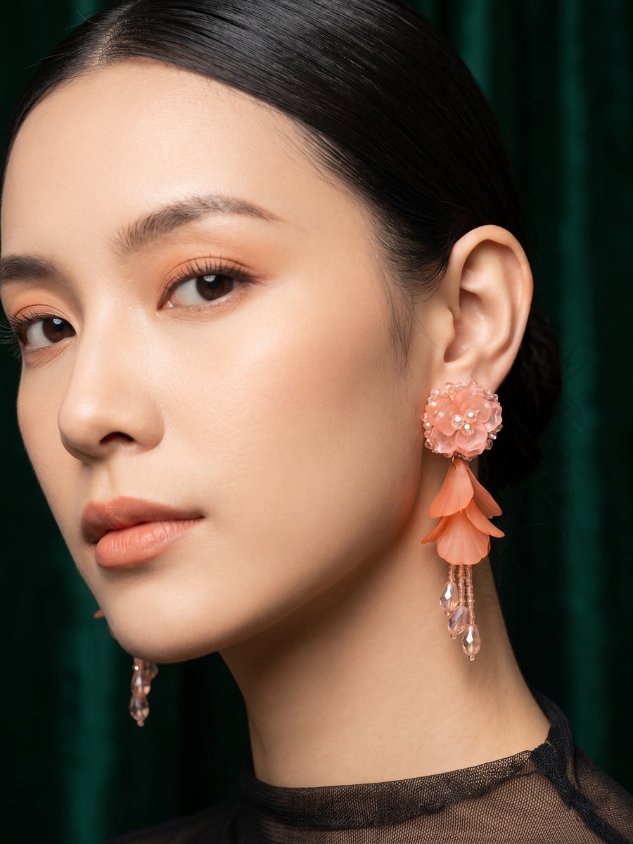 Peach Floral Beaded Statement Drop Earrings with Layered Petal Design for Women