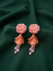 Peach Floral Beaded Statement Drop Earrings with Layered Petal Design for Women