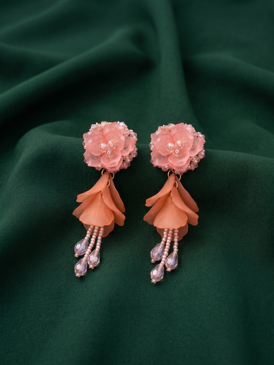 Peach Floral Beaded Statement Drop Earrings with Layered Petal Design for Women