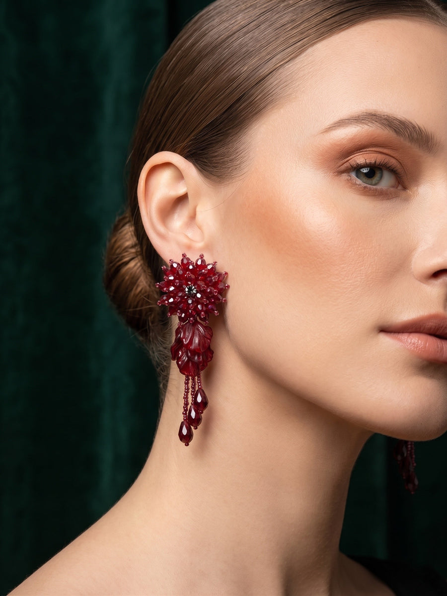 Beautiful Wine Fancy Beaded Drop Earrings