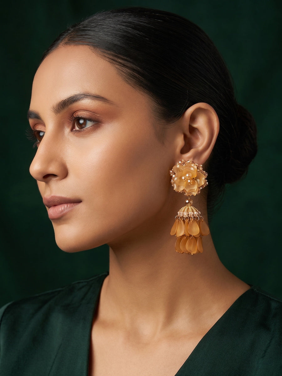 Yellow Beaded Statement Drop Earrings with Layered Dangler Design for Women