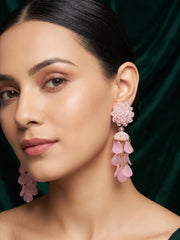 Pink Beaded Statement Drop Earrings with Layered Dangler Design for Women