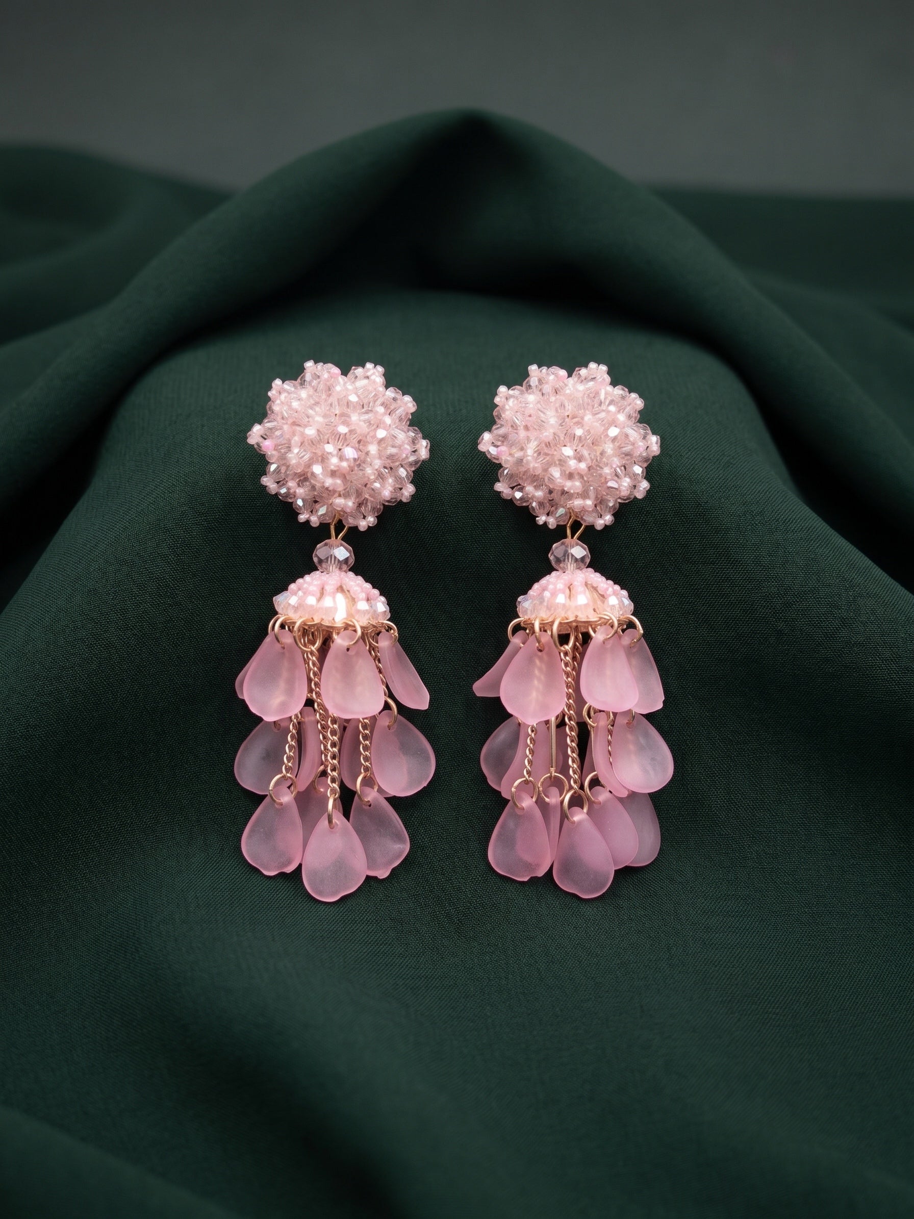 Pink Beaded Statement Drop Earrings with Layered Dangler Design for Women