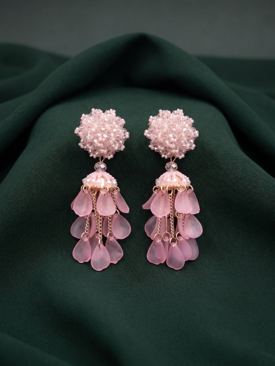 Pink Beaded Statement Drop Earrings with Layered Dangler Design for Women