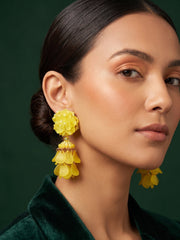 Yellow Beaded Statement Drop Earrings with Layered Dangler Design for Women