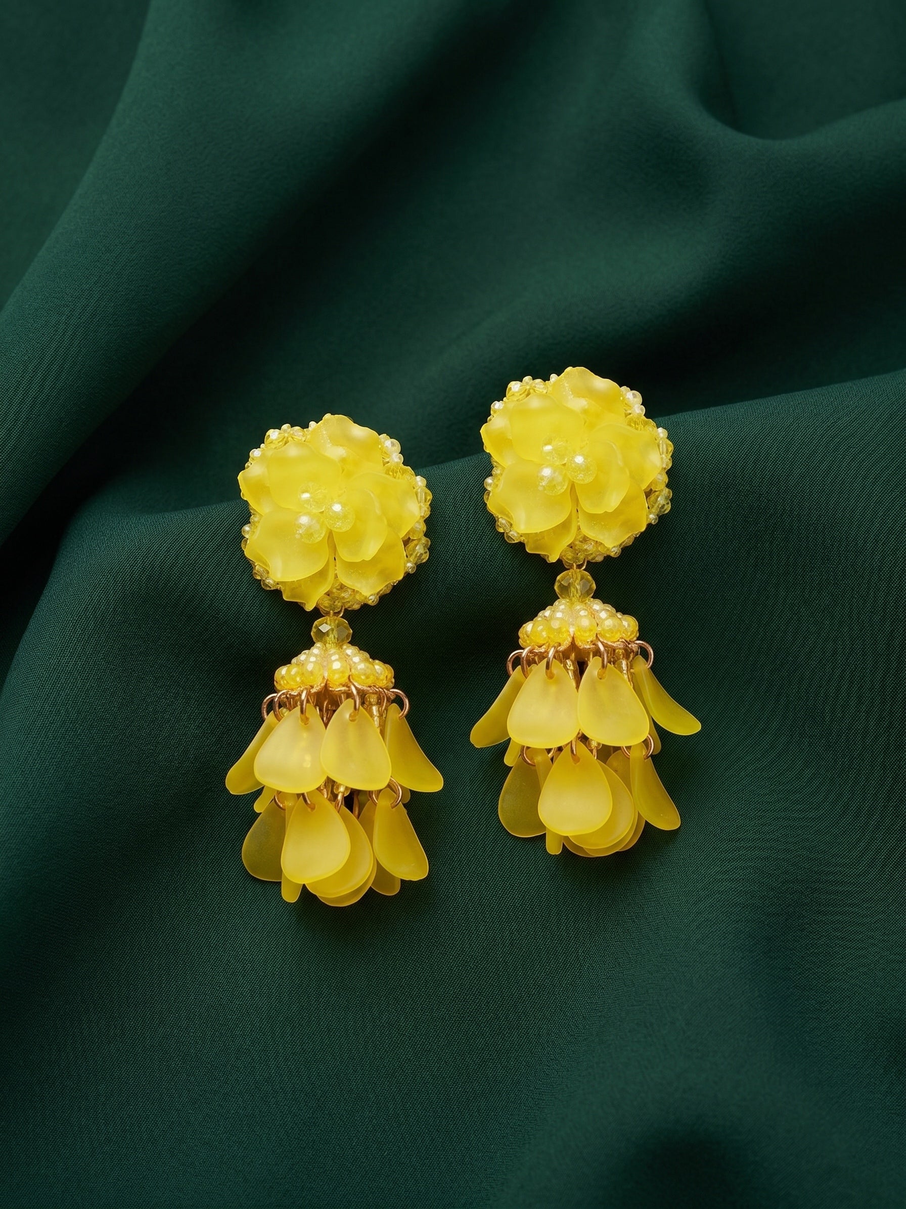 Yellow Beaded Statement Drop Earrings with Layered Dangler Design for Women