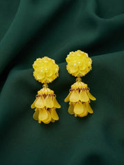 Yellow Beaded Statement Drop Earrings with Layered Dangler Design for Women