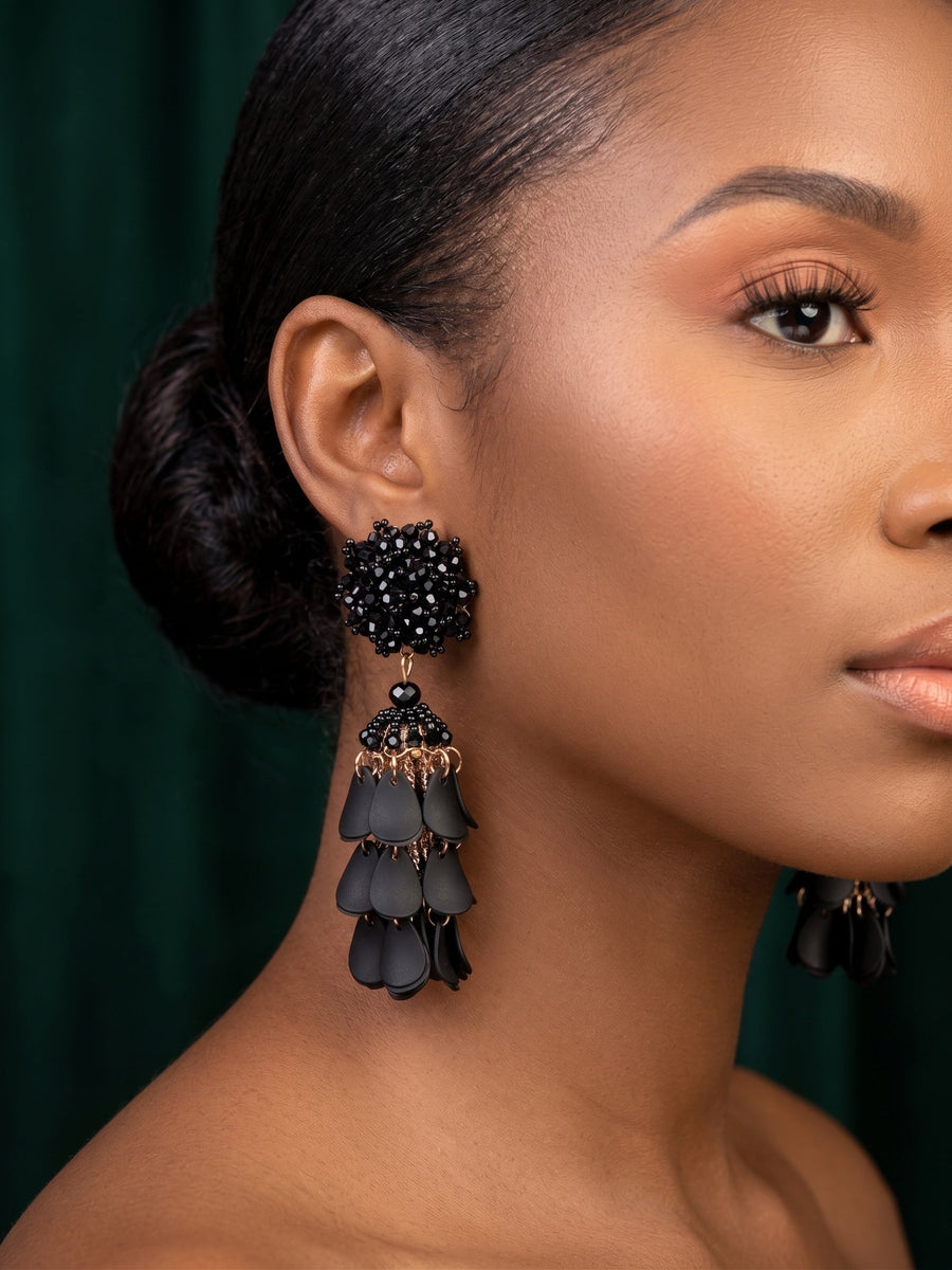 Black Beaded Statement Drop Earrings with Layered Dangler Design for Women
