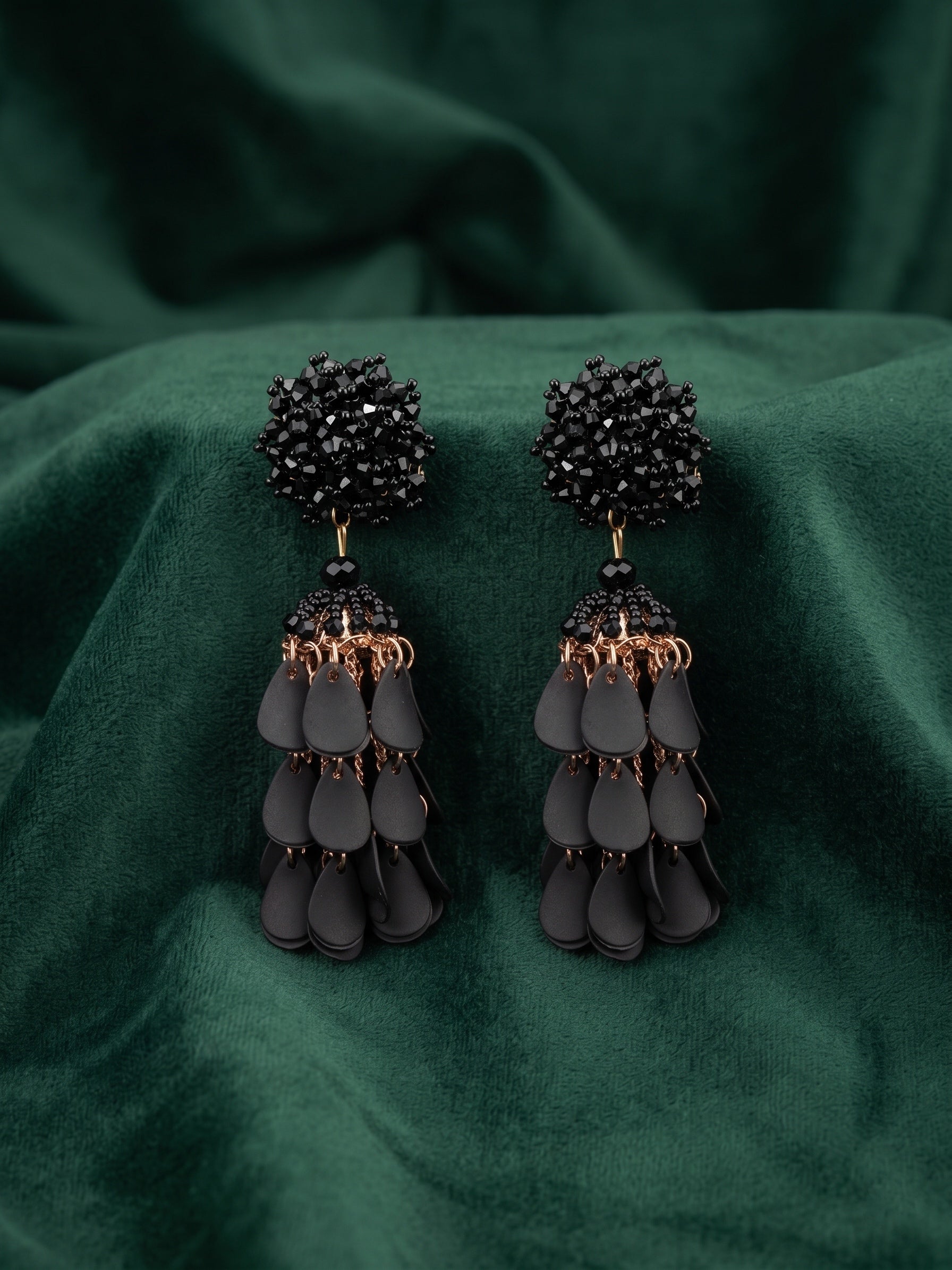 Black Beaded Statement Drop Earrings with Layered Dangler Design for Women