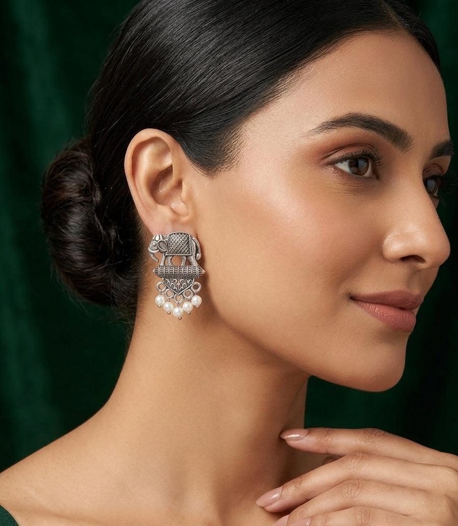 Silver Plated Oxidized Fancy Drop Earrings