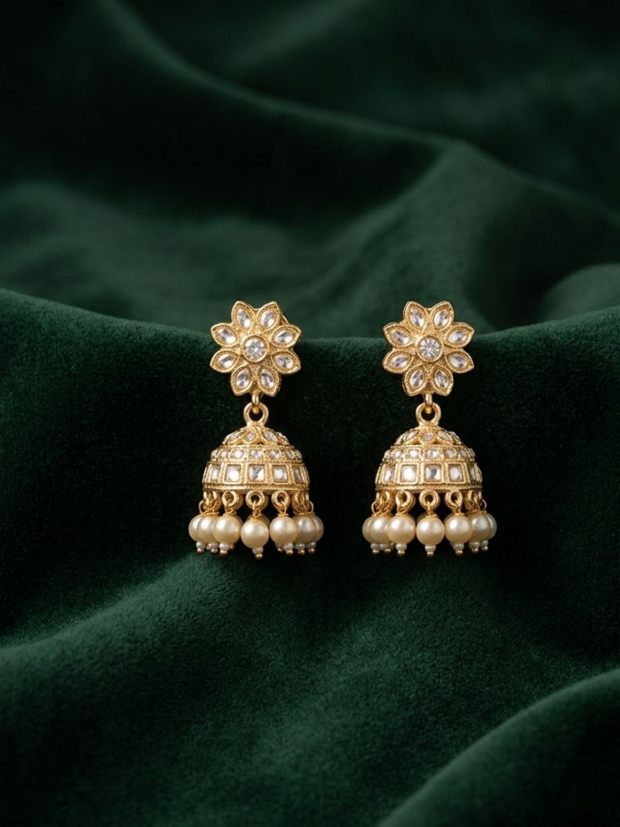 Kundan Studded And Pearls Beaded Dome Shaped Jhumkas