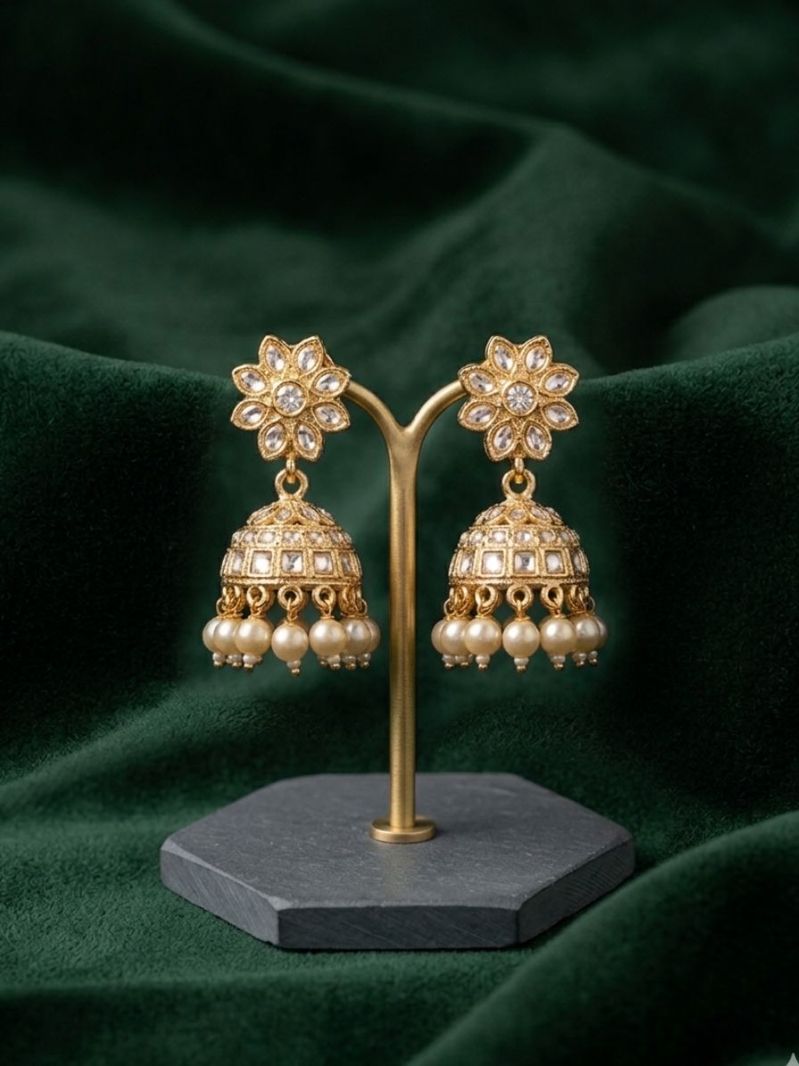 Kundan Studded And Pearls Beaded Dome Shaped Jhumkas