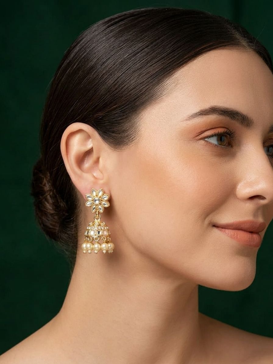 Kundan Studded And Pearls Beaded Dome Shaped Jhumkas