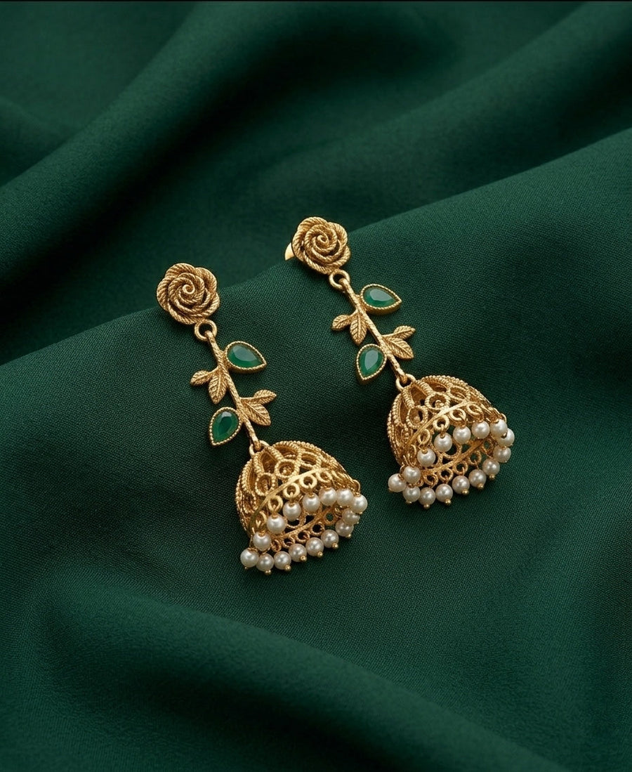 Women Gold Plated Pearls Beaded Jhumkas