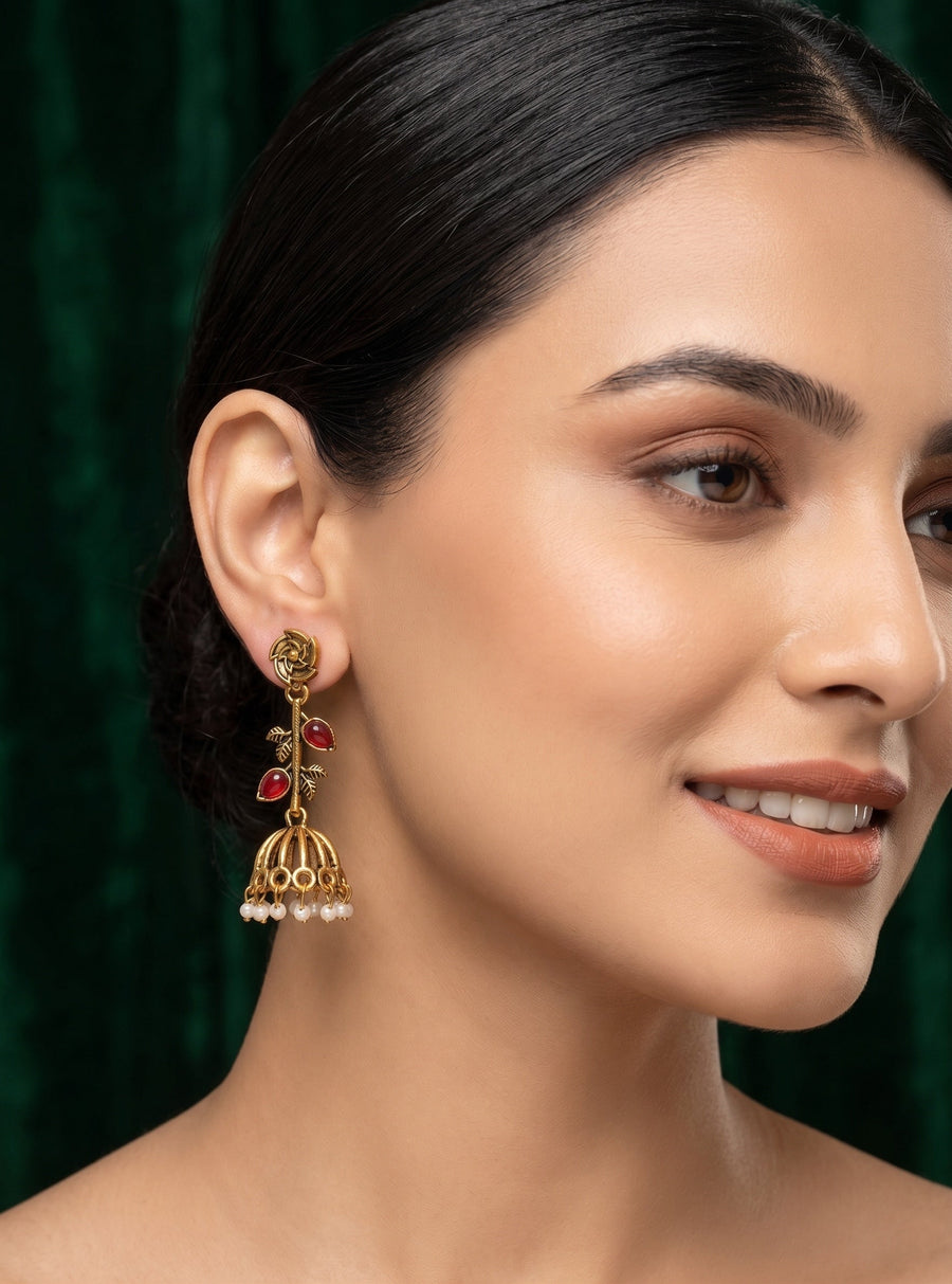 Women Gold Plated Pearls Beaded Jhumkas