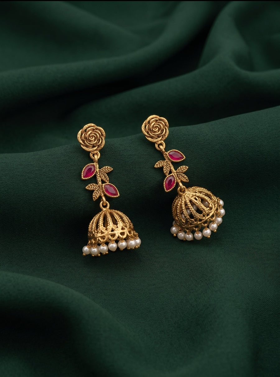Women Gold Plated Pearls Beaded Jhumkas