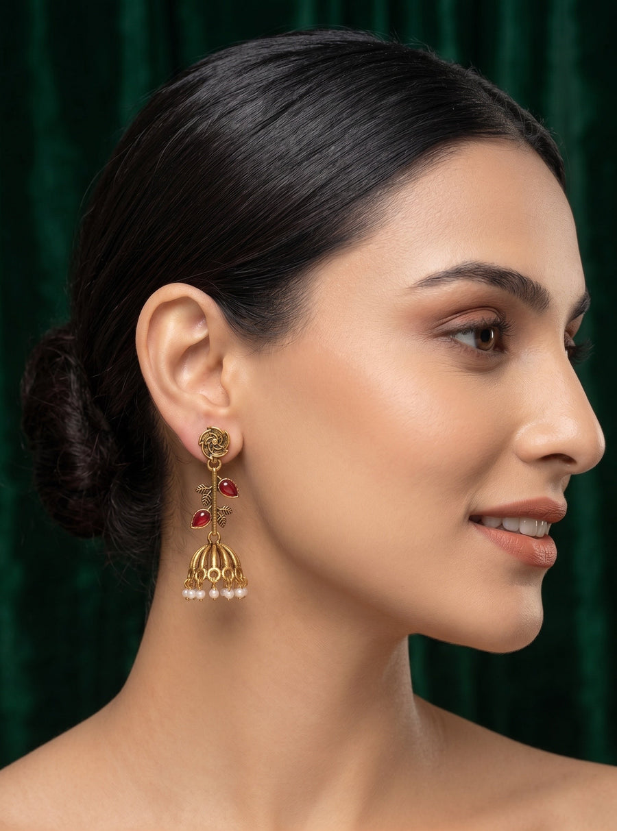 Women Gold Plated Pearls Beaded Jhumkas