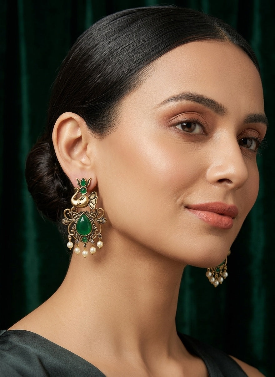 Women Gold-Toned Ethnic Elephant Motif Drop Earrings with Green Stones & Pearls