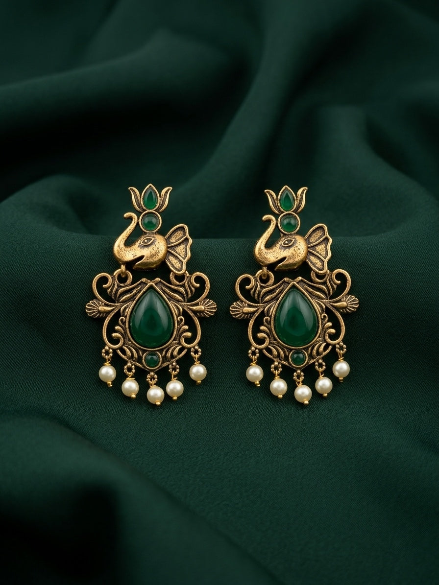 Women Gold-Toned Ethnic Elephant Motif Drop Earrings with Green Stones & Pearls