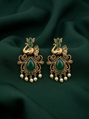 Women Gold-Toned Ethnic Elephant Motif Drop Earrings with Green Stones & Pearls
