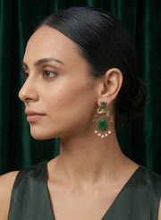 Women Gold-Toned Ethnic Elephant Motif Drop Earrings with Green Stones & Pearls