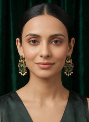 Women Gold-Toned Ethnic Elephant Motif Drop Earrings with Green Stones & Pearls