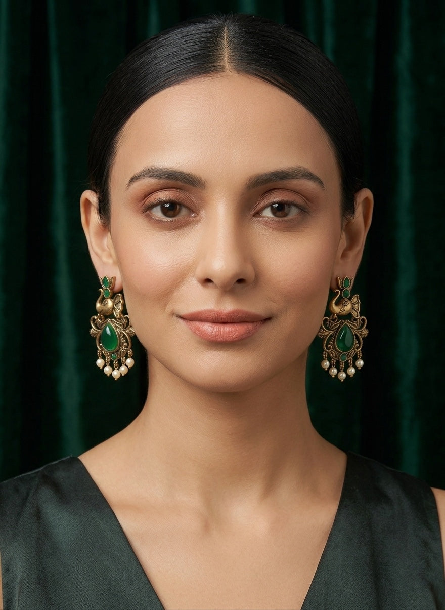Women Gold-Toned Ethnic Elephant Motif Drop Earrings with Green Stones & Pearls