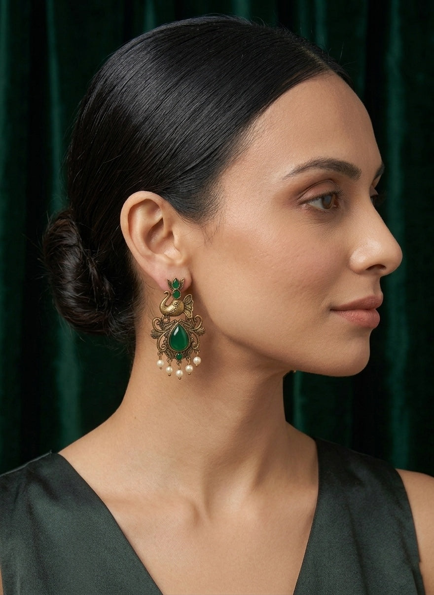 Women Gold-Toned Ethnic Elephant Motif Drop Earrings with Green Stones & Pearls