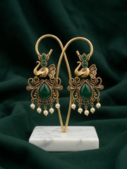 Women Gold-Toned Ethnic Elephant Motif Drop Earrings with Green Stones & Pearls