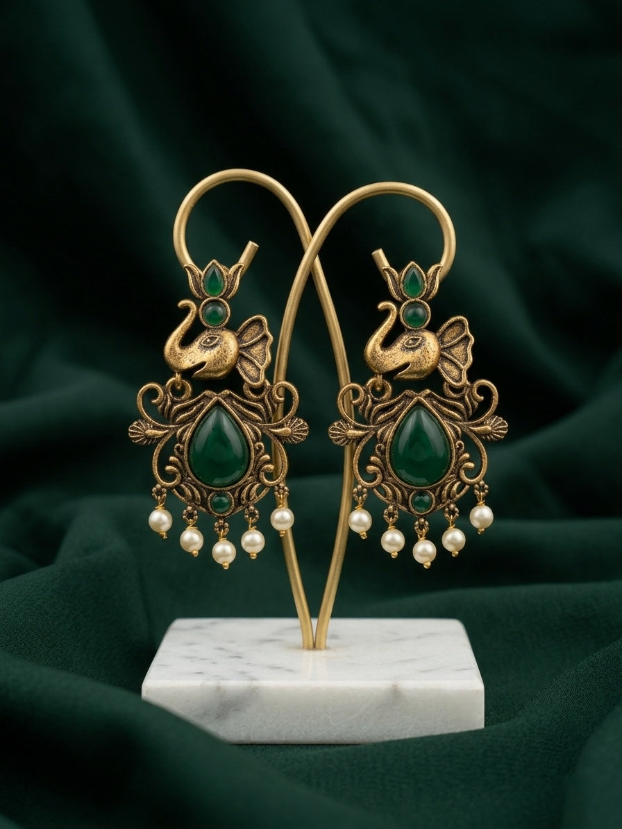 Women Gold-Toned Ethnic Elephant Motif Drop Earrings with Green Stones & Pearls
