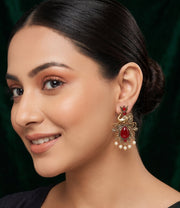 Women Gold-Toned Ethnic Elephant Motif Drop Earrings with Maroon Stones & Pearls