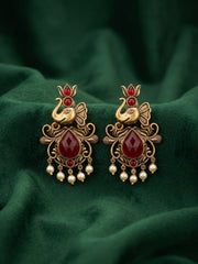 Women Gold-Toned Ethnic Elephant Motif Drop Earrings with Maroon Stones & Pearls