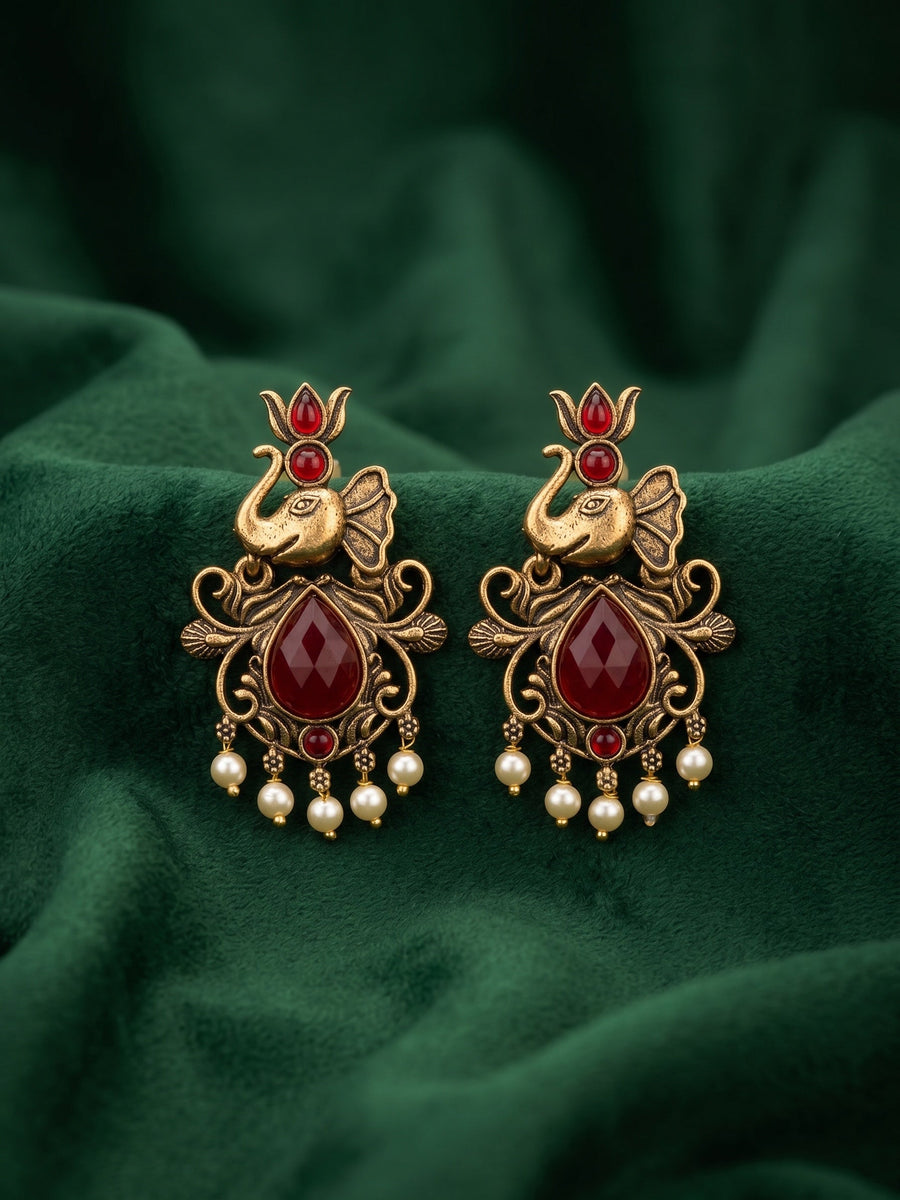 Women Gold-Toned Ethnic Elephant Motif Drop Earrings with Maroon Stones & Pearls