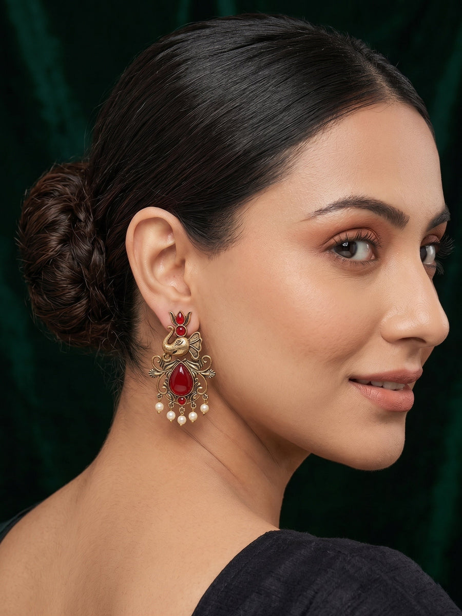 Women Gold-Toned Ethnic Elephant Motif Drop Earrings with Maroon Stones & Pearls