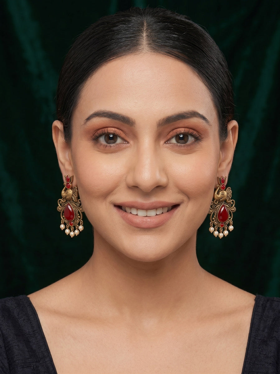 Women Gold-Toned Ethnic Elephant Motif Drop Earrings with Maroon Stones & Pearls